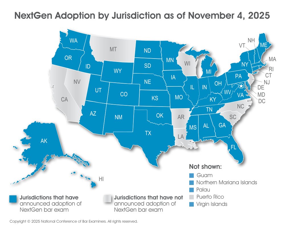 Map of United States showing jurisdictions that have adopted the NextGen Bar Exam (shaded in blue)